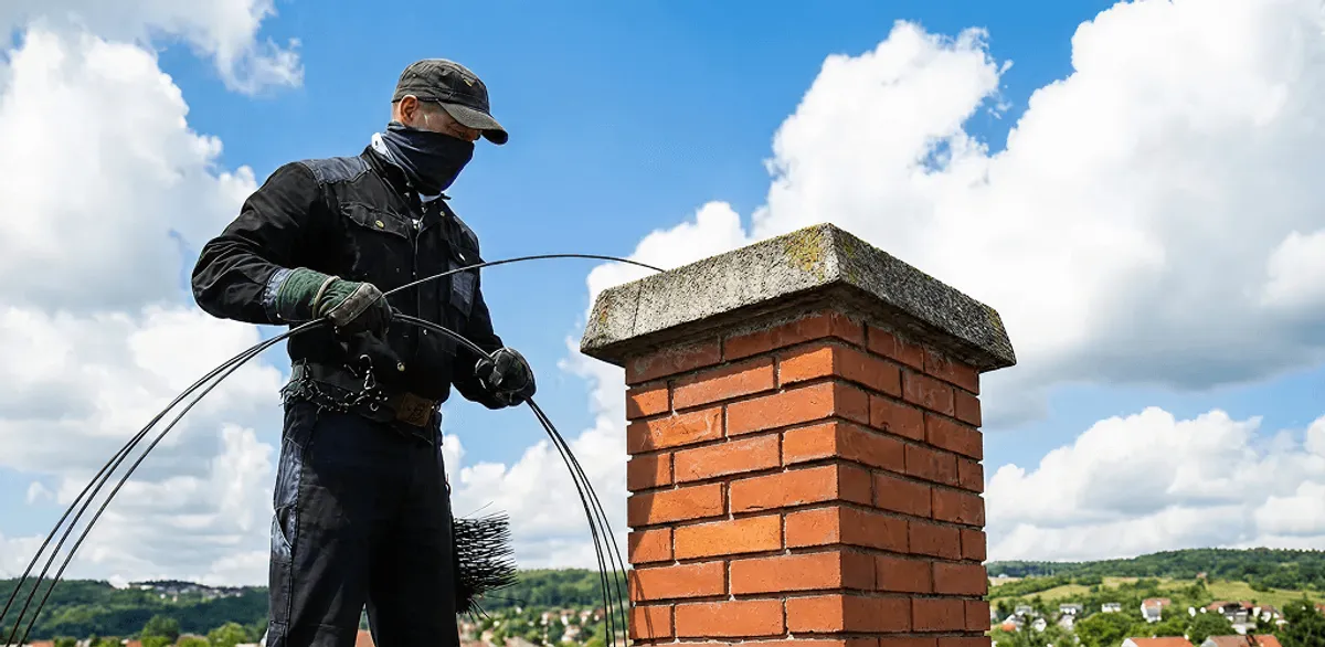 Chimney sweep cleaning a brick chimney with professional tools in Honolulu, HI